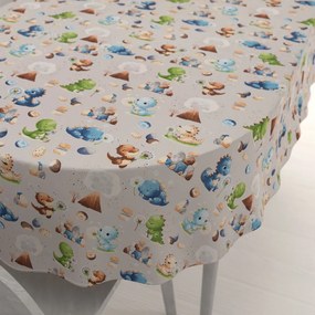 Biante Detský bavlnený oválny obrus Sandra SA-656 Modro-zeleno-hnedé dinosaury na svetlo sivom 140x200 cm