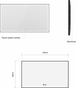 Erga Samira, LED zrkadlo 140x80cm v čiernom ráme, 3335 lm, 3 farby svetla, predné/zadné osvetlenie, ERG-V01-SAMIRA-1480-BK