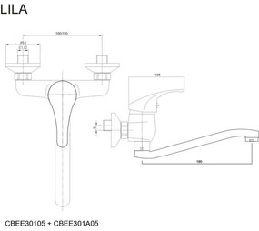 Mereo, Drezová nástenná baterie, Lila, s ramienkom plochým vyhnutým 210 mm, chróm, MER-CBEE301