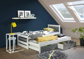 Detská posteľ z masívu borovice CALVIN s prístelkou a zásuvkami - 200x90 cm - biela/sivá