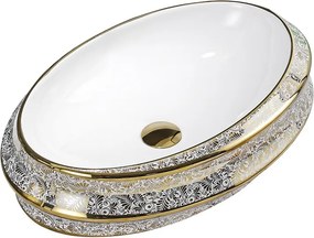 BPS-koupelny Keramické umývadlo na dosku HYD-YO-WH-MOD5-GL-600 60x40 cm, biele/zlatý dekor