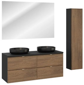 Koupelnová sestava s deskou, skříňkami, umyvadly a zrcadlem Talia Casella 120 cm černý mat/dub casella