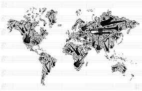 Obraz mapa sveta s hudobným motívom v čiernobielom prevedení