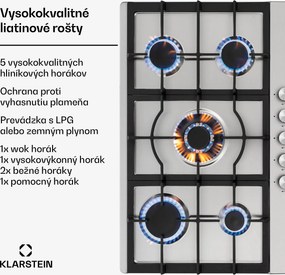 Klarstein Ignito 5 Zonen, plynová varná doska, 5 Sabaf horákov, nehrdzavejúca oceľ, strieborná