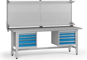 Výškovo nastaviteľný dielenský stôl G5 s nadstavbou, 2100 x 750 x 800-1000 mm, 2x kontajner, 8 zásuviek, modrá