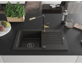 Mexen Pablo, 1-komorový granitový drez 752x436x161 mm a drezová batéria Flora, čierna-zlatá metalíza, 6510-75-670401-57-B