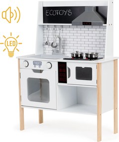Drevená kuchynka pre deti ECOTOYS 3+ s LED, zvukom varenia, rúrou a mikrovlnkou