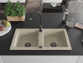 Mexen Mario, granitový drez 820x436x161 mm, 2-komorový, béžová s čiernym sifónom, 6504822000-69-B