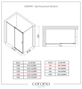 Cerano Lantono, sprchovací kút s posuvnými dverami 130(dvere) x 70(stena) x 195 cm, 8mm číre sklo, čierny profil, CER-CER-431506