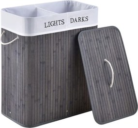 Bambusový košík na bielizeň 100 l, 2 priehradky, sivý