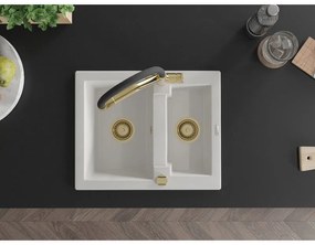 Mexen Carlos, 1,5-komorový granitový drez 582x475x177 mm a drezová batéria Duo, biela, 6518-20-671701-57-G
