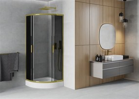 Mexen Rio, štvrťkruhový sprchovací kút s posuvnými dverami 90 (dvere) x 90 (dvere) x 190 cm, 5mm šedé sklo, zlatý profil + biela sprchová vanička RIO, 863-090-090-50-0-4710