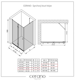 Cerano Volpe, sprchovací kút so skladacími dverami 90(dvere) x 80(stena), 6mm číre sklo, čierny profil, CER-CER-427330