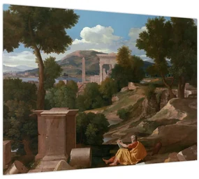 Sklenený obraz - Nicolas Poussin, Landscape with Saint John on Patmos, reprodukcia (70x50 cm)