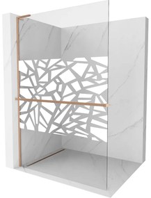Mexen Kioto+ L, sprchová zástena Walk-In s poličkou a vešiakom 100 x 200 cm, 8mm číre sklo biely vzor, medený matný profil, 800-100-123-65-85