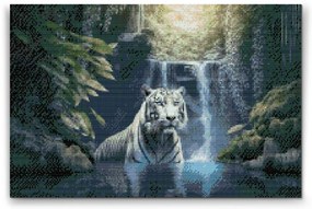 Gario Diamantové maľovanie Biely tiger pri vodopáde Rozmery: 60 x 40 cm, Rámovanie: Iba zrolované plátno, Diamanty: Okrúhle
