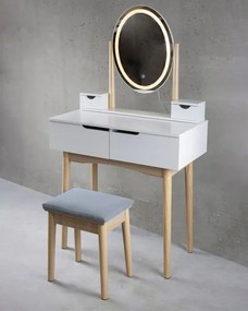 Toaletný stolík GLAM s LED zrkadlom biely / naturálny, sivá taburetka