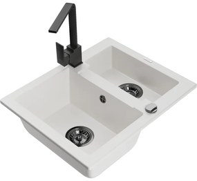 Mexen Carlos, 1,5-komorový granitový drez s odkvapkávačom 582x475x177 mm a čierna kuchynská batéria Rita, biela, 6518-20-670300-70
