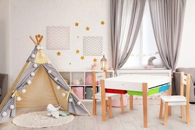 Detský drevený stôl s 2 stoličkami ECOTOYS – otočný blat, 4 úložné priehradky