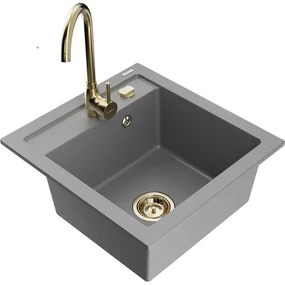 Mexen Vito, 1-komorový granitový drez 520x490x210 mm, zlatá batéria Telma, šedá, 6503-71-670200-50