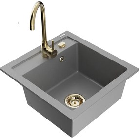 Mexen Vito, 1-komorový granitový drez 520x490x210 mm, zlatá batéria Telma, šedá, 6503-71-670200-50