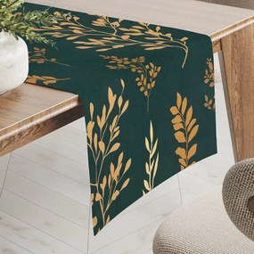 Biante Bavlnený behúň na stôl Sandra SA-742 Zlaté vetvičky s lístkami na tmavo zelenom 20x180 cm