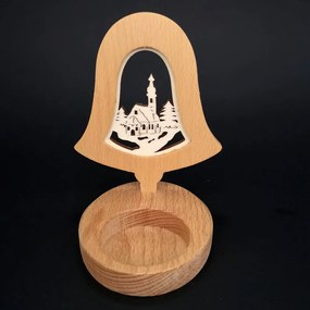 AMADEA Drevený svietnik zvonček s vkladom - kostol, masívne drevo, výška 10 cm