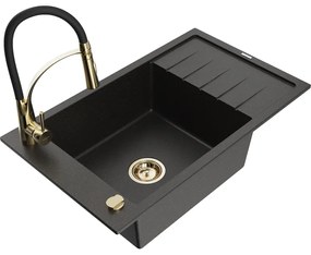 Mexen Elias, 1-komorový granitový drez 795x480x200 mm a drezová batéria Aster, čierna-zlatá metalíza, 6511-75-73450-57-G