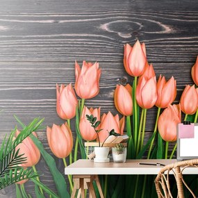 Samolepiaca fototapeta oranžové tulipány na drevenom podklade - 300x200