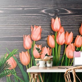 Samolepiaca fototapeta oranžové tulipány na drevenom podklade - 375x250