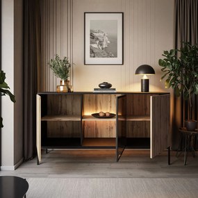 Komoda ADRIENNE s LED osvetlením + čierna matná + dub wotan 154cm