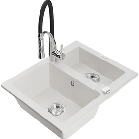 Mexen Carlos, 1,5-komorový granitový drez 582x475x177 mm a drezová batéria Aster, biela, 6518-20-73450-07