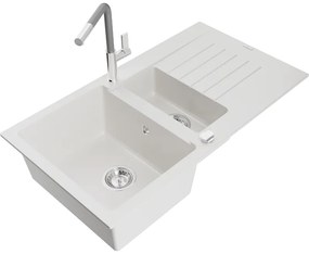 Mexen Matias, 1,5-komorový granitový drez 900x505x200 mm a drezová batéria Flora, biela, 6502-20-670401-06