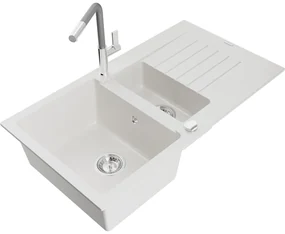 Mexen Matias, 1,5-komorový granitový drez 900x505x200 mm a drezová batéria Flora, biela, 6502-20-670401-06