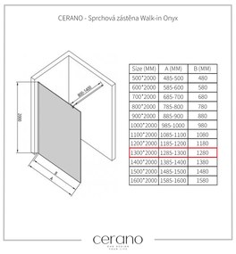 Cerano Onyx, sprchová zástena Walk-in 130x200 cm, 8mm číre sklo, čierny profil, CER-CER-426370
