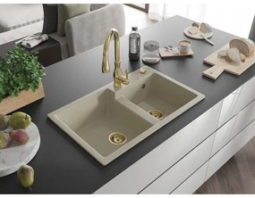 Mexen Tomas, granitový drez 800x500x190 mm, 2-komorový a drezová batéria Savita, béžová, 6516-69-672601-50