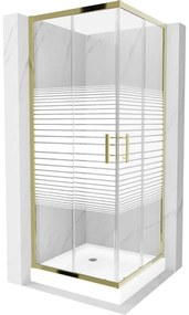 Mexen Rio, štvorcový sprchovací kút s posuvnými dverami 70(dvere) x 70(dvere) x 190 cm, 6mm číre sklo s pásikmi, zlatý profil + biela sprchová vanička RIO, 860-070-070-50-20-4510