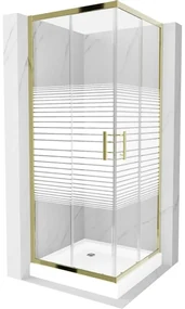Mexen Rio, štvorcový sprchovací kút s posuvnými dverami 70(dvere) x 70(dvere) x 190 cm, 6mm číre sklo s pásikmi, zlatý profil + biela sprchová vanička RIO, 860-070-070-50-20-4510