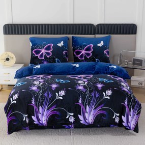 Sada 2ks mikroplyšových obliečok VIOLET BUTTERFLY tmavomodré + obliečka mikroplyš SOFT 180x200 cm biele, dvojlôžko