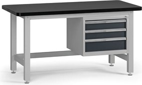 Pracovný stôl do dielne G4 so závesným boxom na náradie, MDF + PVC doska, 3 zásuvky, 1500 x 750 x 800 mm, grafit