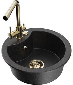 Mexen Diego, 1-komorový granitový drez 488x488x167 mm, zlatá batéria Duero, čierna - strieborná metalíza, 6512-73-671600-50