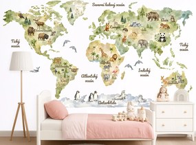 Akvarelová mapa sveta so zvieratkami detské nálepky na stenu výsledný rozmer 109 x 62 cm
