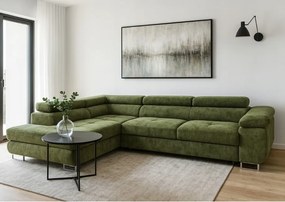 Zelený rohový gauč Avesta s funkciou spania, ľavý s opierkami hlavy a úložným priestorom