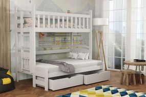 Detská poschodová posteľ z masívu borovice s rozšíreným spodným lôžkom LUKÁŠ so šuplíkmi - 200x90/140 cm - BIELA