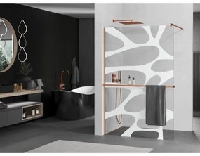 Mexen Kioto, sprchová zástena s poličkou a držiakom na uteráky 120 x 200 cm, 8mm číre sklo s bielym vzorom, profil ružové zlato, 800-140-121-60-97