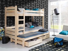 Detská poschodová posteľ z masívu borovice CYRIL s prístelkou a šuplíky - 200x90 cm - PRÍRODNÁ BOROVICA