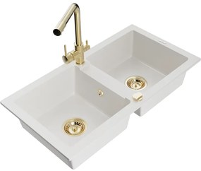 Mexen Mario, 2-komorový granitový drez 820x436x161 mm a zlatá lesklá drezová batéria Duero, biela, 6504-20-671600-50