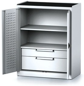 Policová dielenská skriňa 2-dverová MECHANIC, 1 polica, 2 zásuvky, 920 x 500 x 1170 mm, sivé dvere