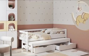 Detská posteľ z masívu borovice ORION s prístelkou a šuplíky - 200x90 cm - biela