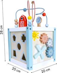 ECOTOYS drevená edukačná kocka 20x20 cm – tvarové kocky, labyrint, zrkadlo, od 12 mesiacov